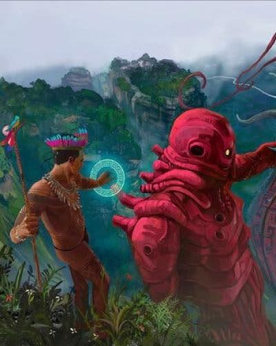 Indiginous man in feathered headdress fights off insectoid alien next to person in futuristic red armor above a lush rainforest vista. 